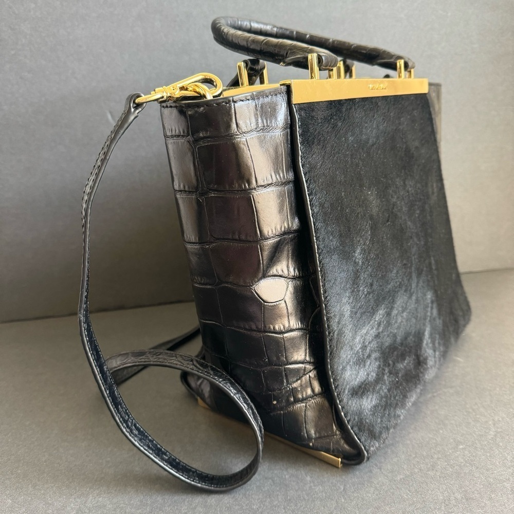 Michael Kors Lana Black Purse Calf Hair Croc Embossed Leather Bag Top Handle - Picture 5 of 16